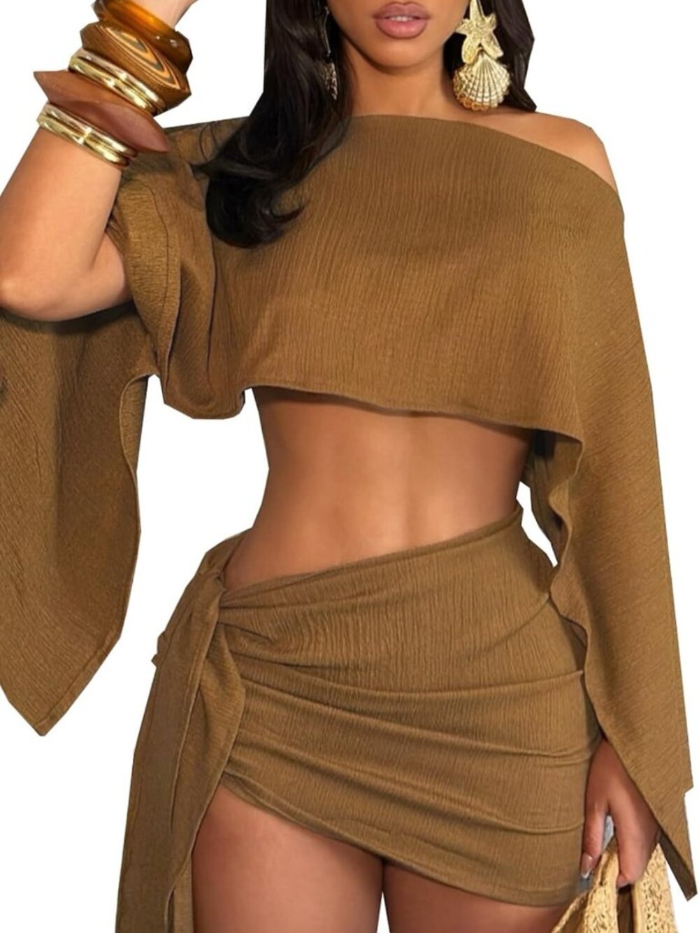 Sexy Women's 2-Piece Batwing Off-Shoulder Crop Top & Mini Skirt Set - Irregular